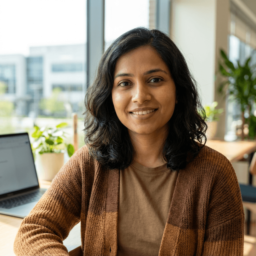 Maya Patel, an entrepreneur in her early 30s, friendly and energetic