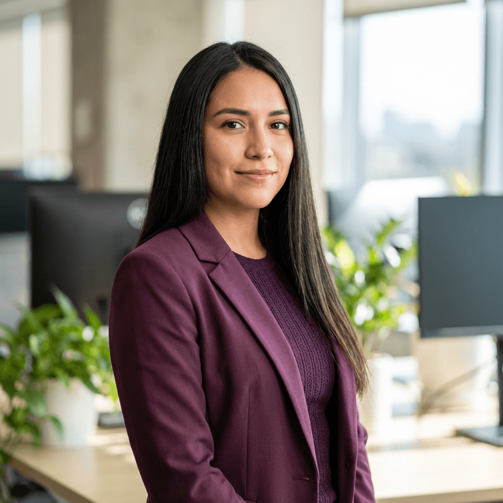 Elena Rodriguez, a business owner in her late 30s, smiling confidently