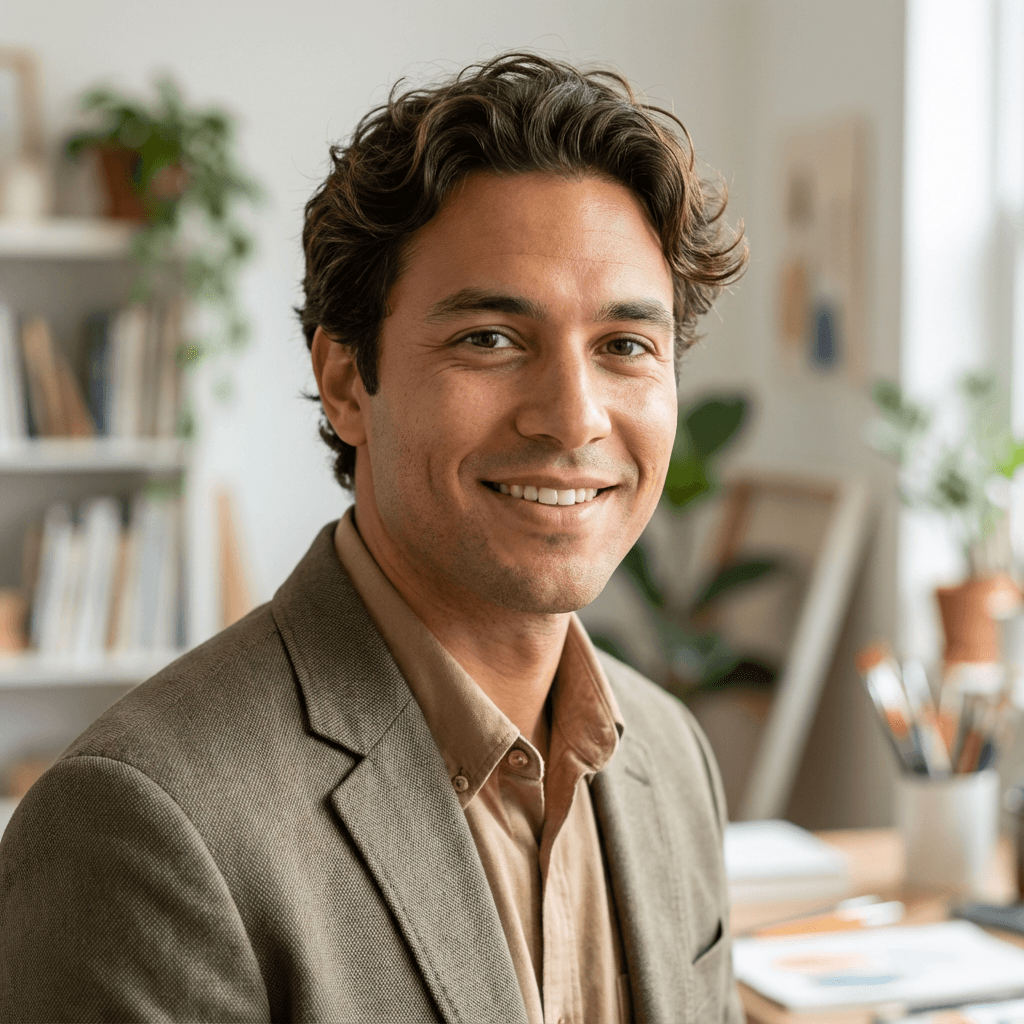 Male video editor in his early 30s, White, creative professional style suitable for media production