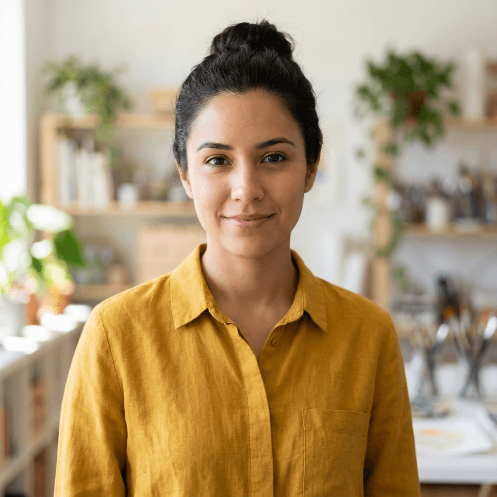 Elena Rodriguez, founder of Casa Verde Plant Shop, among plants in her shop