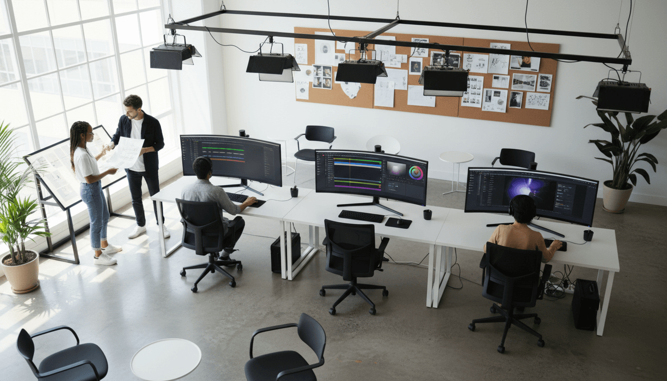 Video editing workstation with color grading timeline on a monitor in a modern studio