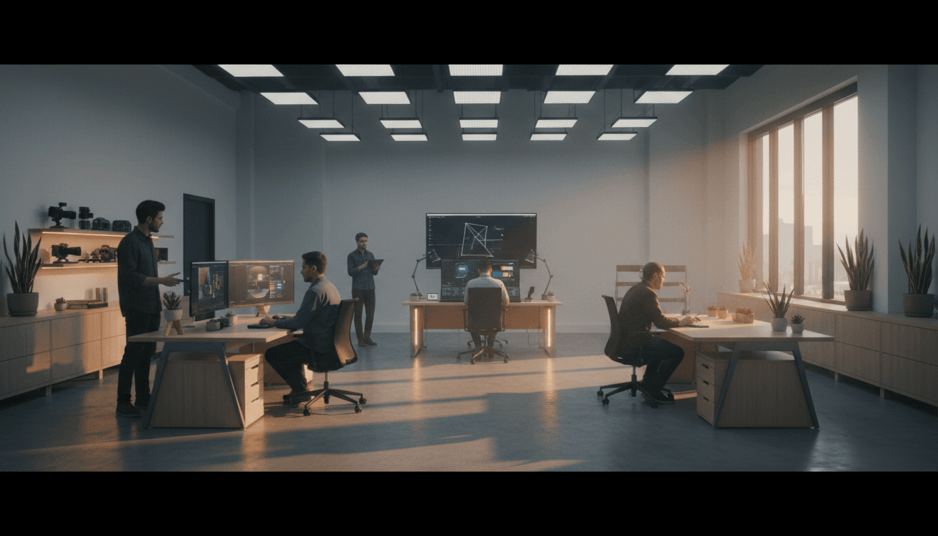 Video production workspace with camera and editing monitors