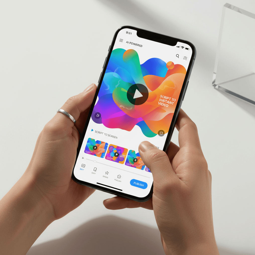Hand holding a smartphone playing a vertical promotional video on screen