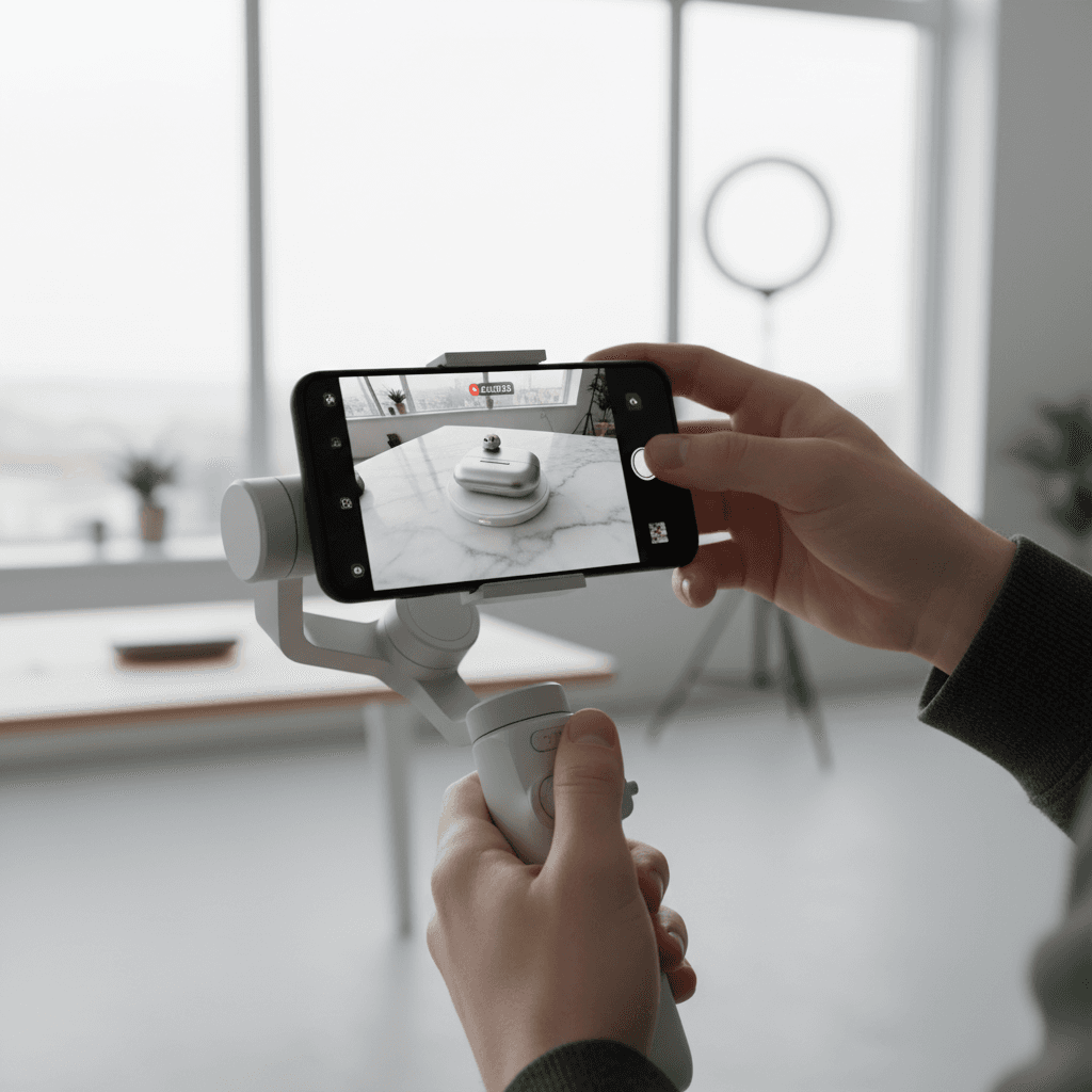 Person setting up a smartphone on a tripod in a modern studio