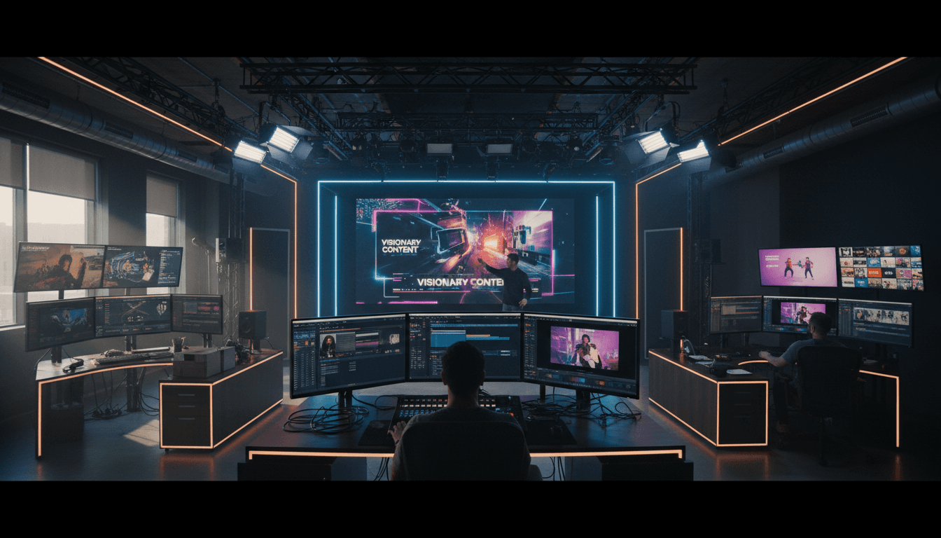 Modern video production studio with editing monitor