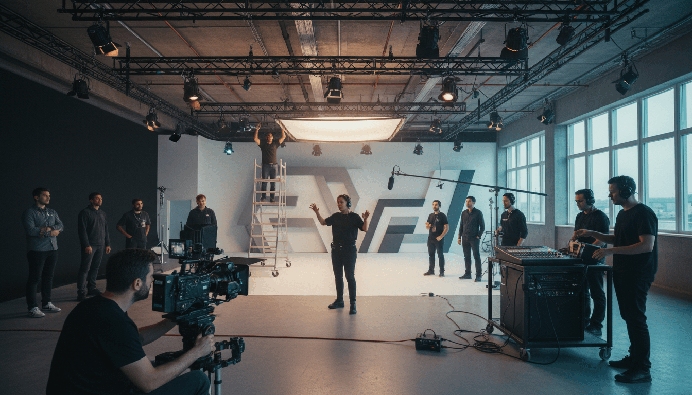 Professional filming video content with camera and bright studio lighting