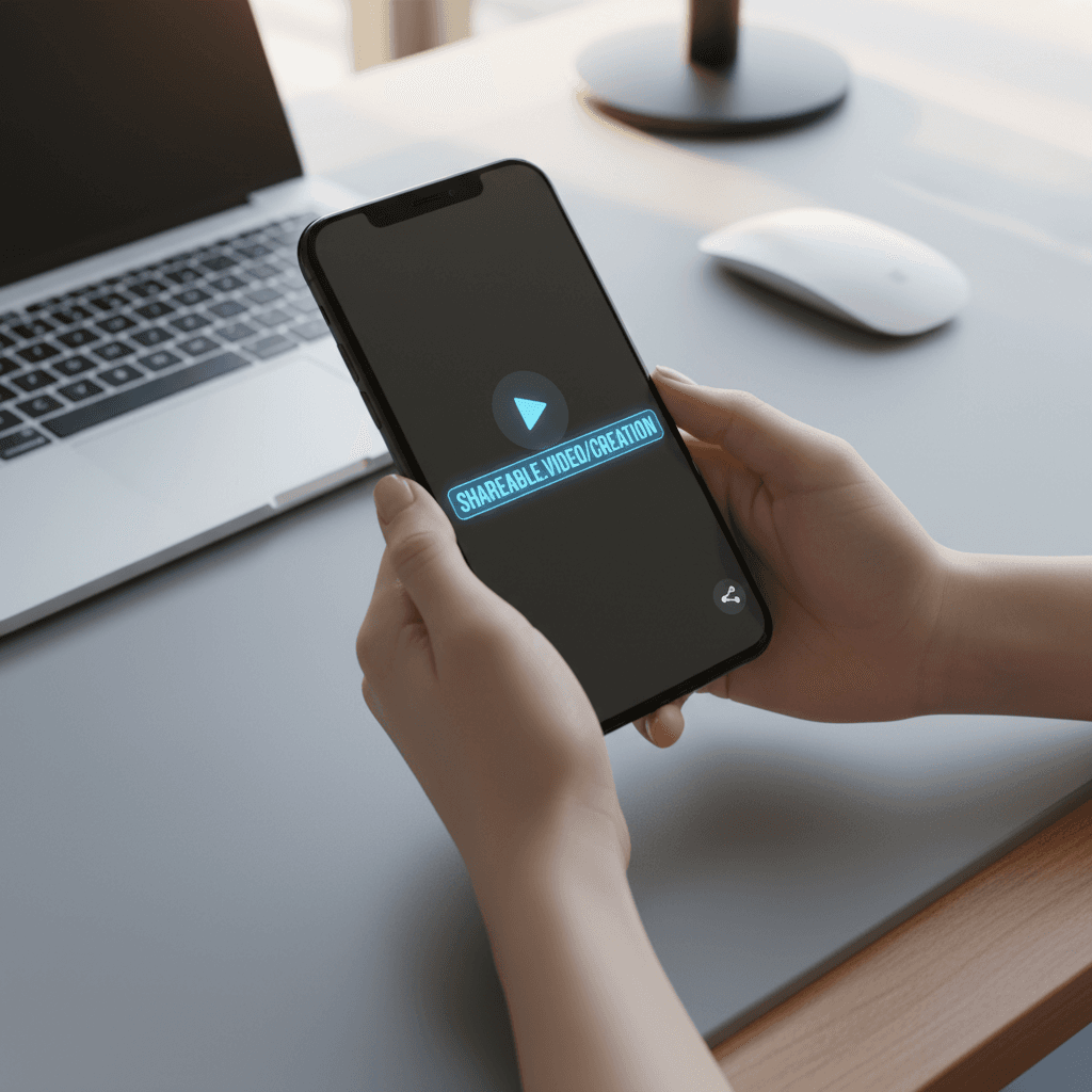 Person holding smartphone displaying vertical video in modern workspace