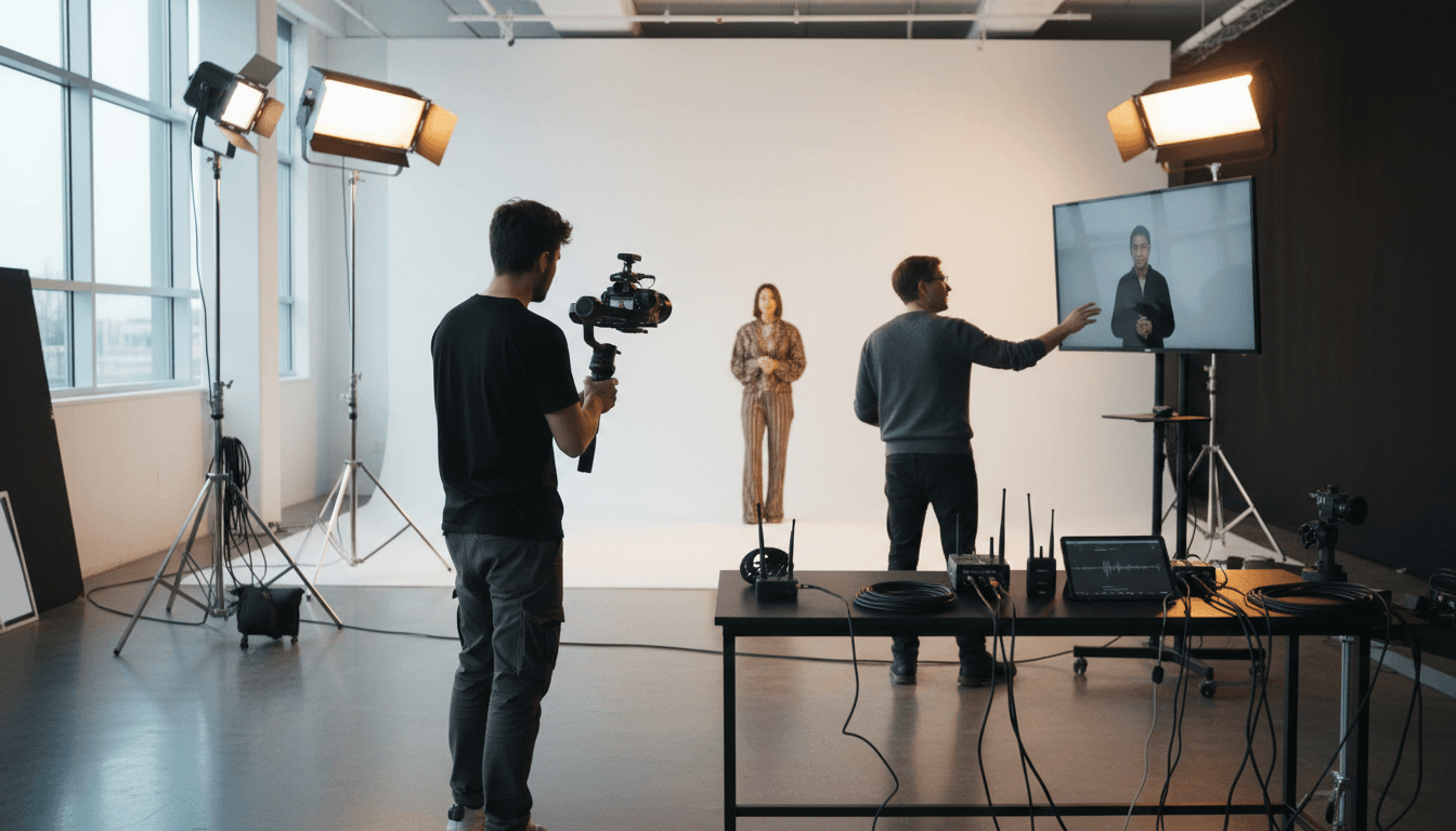 Creative team working in a professional video production studio