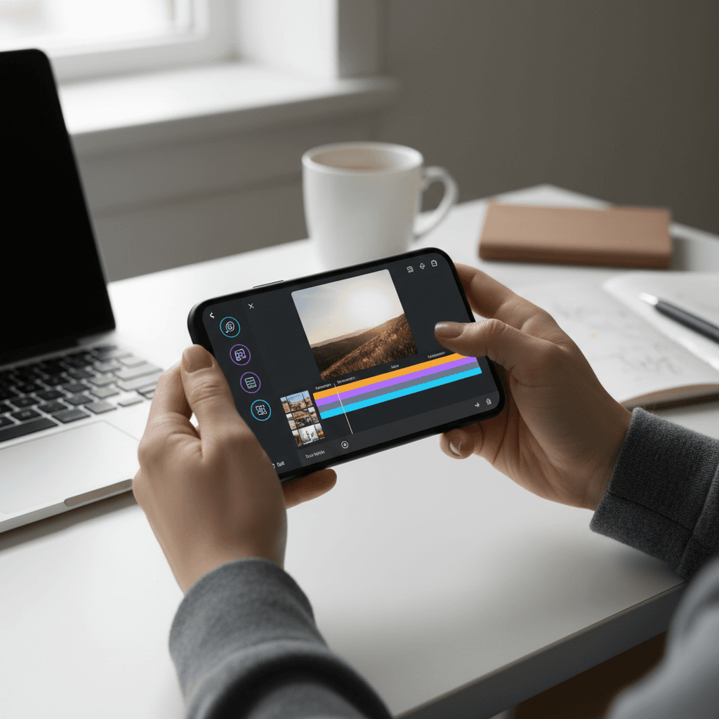 Video editing workspace with a smartphone, monitor, and green screen in the background
